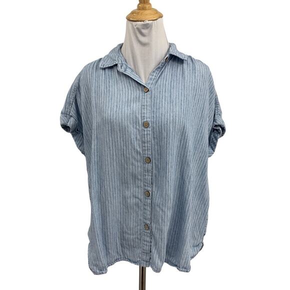 Faherty Shirt Womens S Small Linen Blend Breeze Stripe Button Cap Sleeve Cuffed - Picture 1 of 12